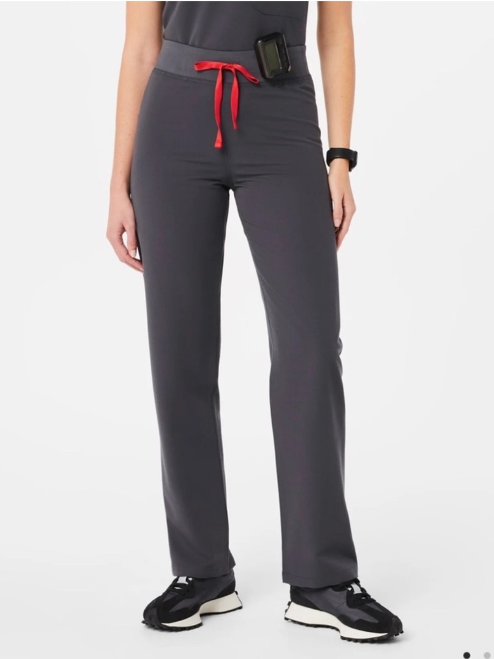 Figs Straight Leg Scrub Pants in Charcoal with Red Drawstring
